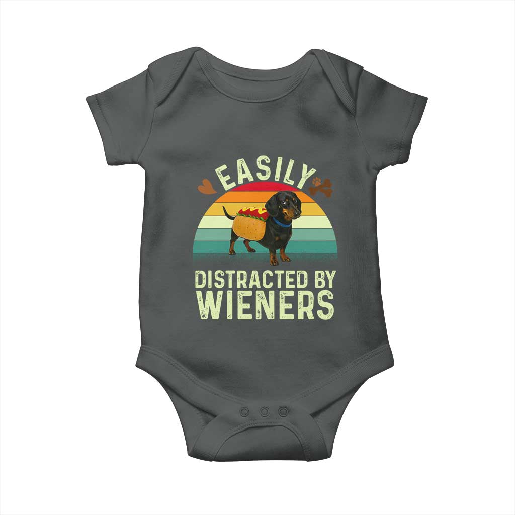 Easily Distracted By Wieners Baby Onesie Funny Dachshund Dog In A Hot Dog Costume TS12 Dark Heather Print Your Wear