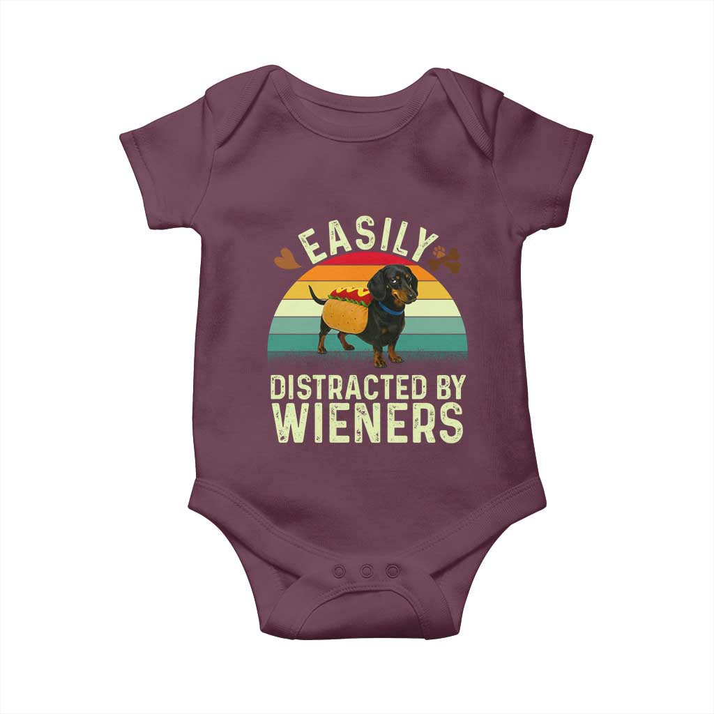 Easily Distracted By Wieners Baby Onesie Funny Dachshund Dog In A Hot Dog Costume TS12 Maroon Print Your Wear