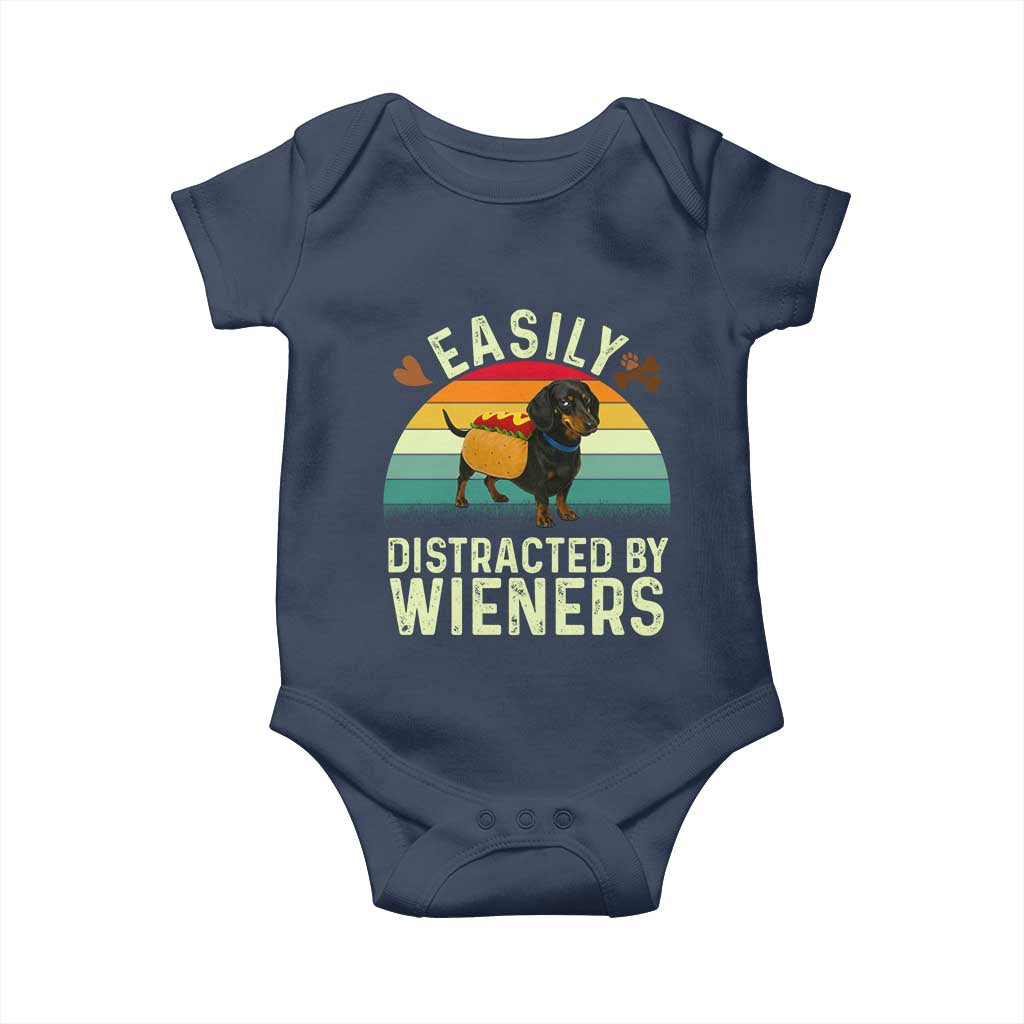 Easily Distracted By Wieners Baby Onesie Funny Dachshund Dog In A Hot Dog Costume TS12 Navy Print Your Wear