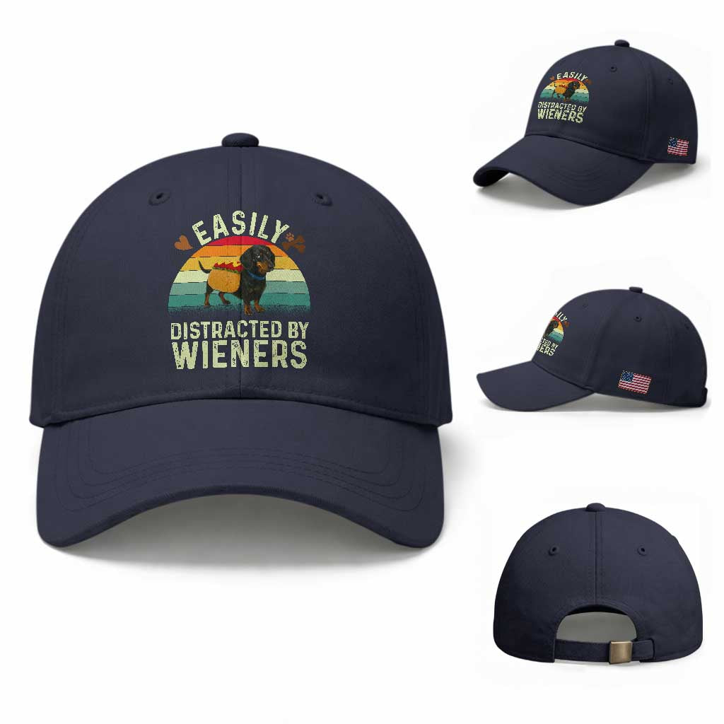 Easily Distracted By Wieners Baseball Cap Funny Dachshund Dog In A Hot Dog Costume TS12 Baseball Cap Universal Fit Navy Print Your Wear