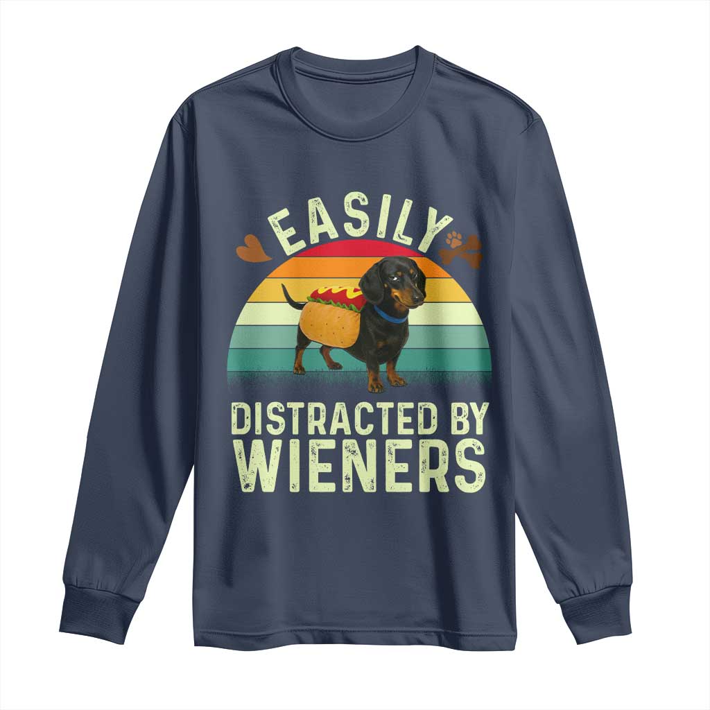 Easily Distracted By Wieners Long Sleeve Shirt Funny Dachshund Dog In A Hot Dog Costume TS12 Navy Print Your Wear