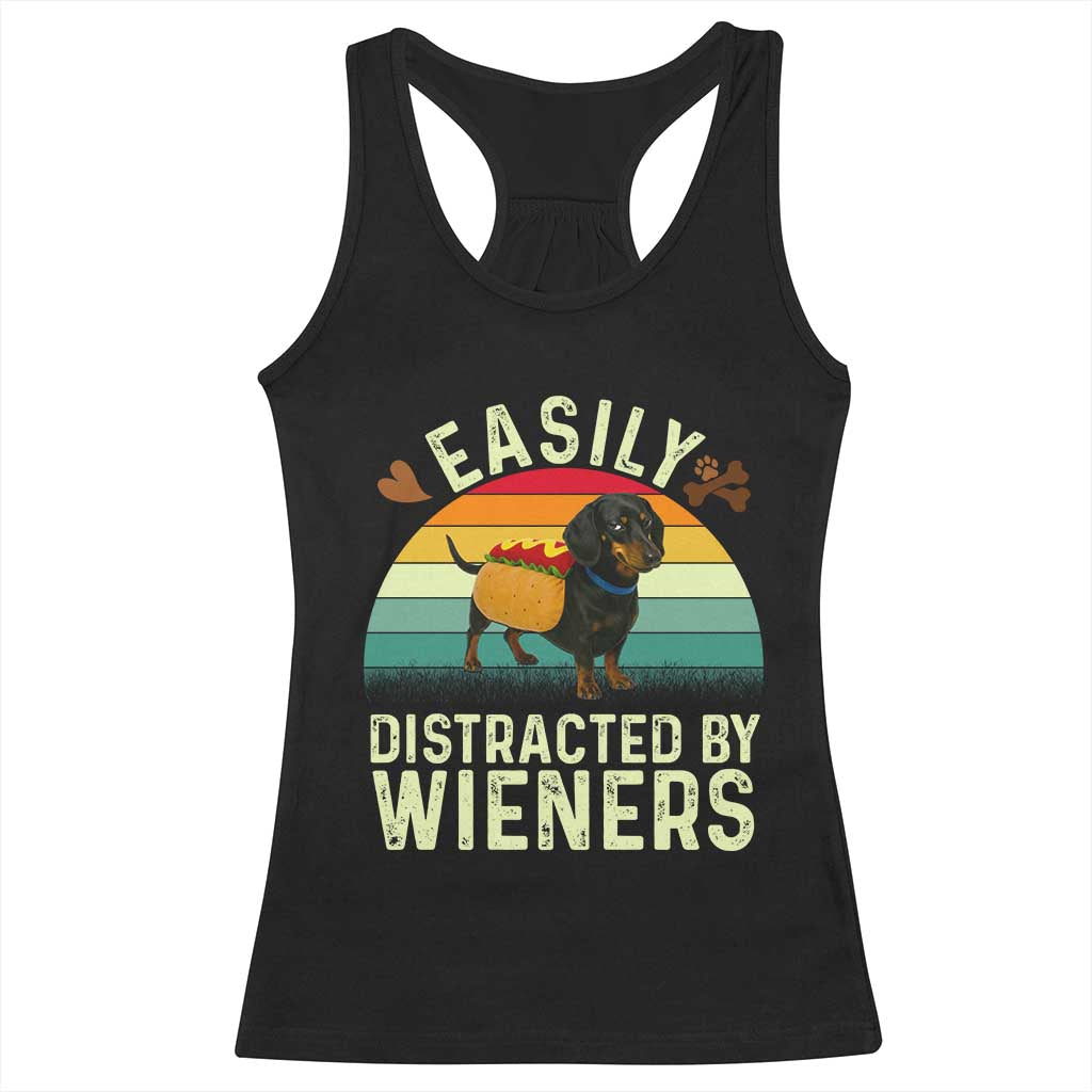 Easily Distracted By Wieners Racerback Tank Top Funny Dachshund Dog In A Hot Dog Costume - Print Your Wear