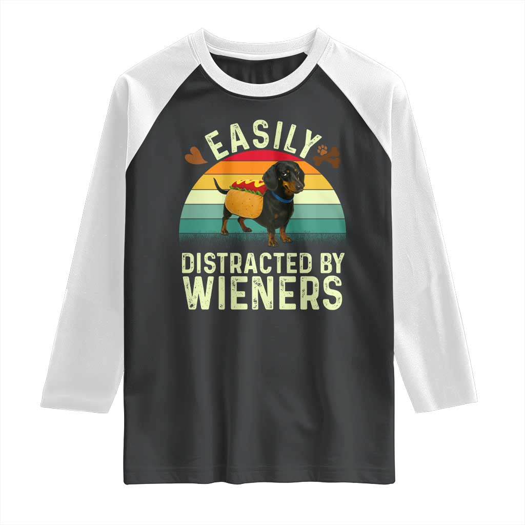 Easily Distracted By Wieners Raglan Shirt Funny Dachshund Dog In A Hot Dog Costume - Print Your Wear