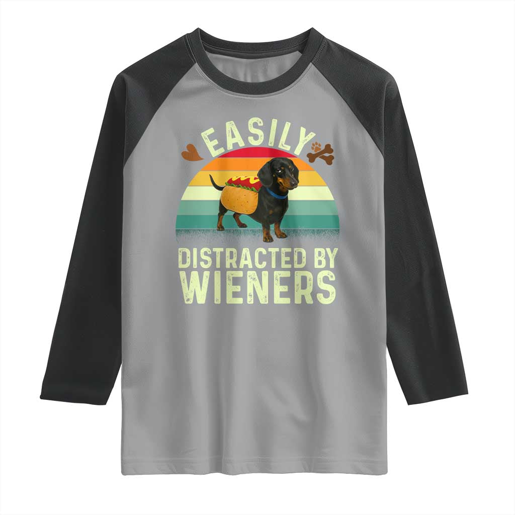 Easily Distracted By Wieners Raglan Shirt Funny Dachshund Dog In A Hot Dog Costume TS12 Sport Gray Black Print Your Wear