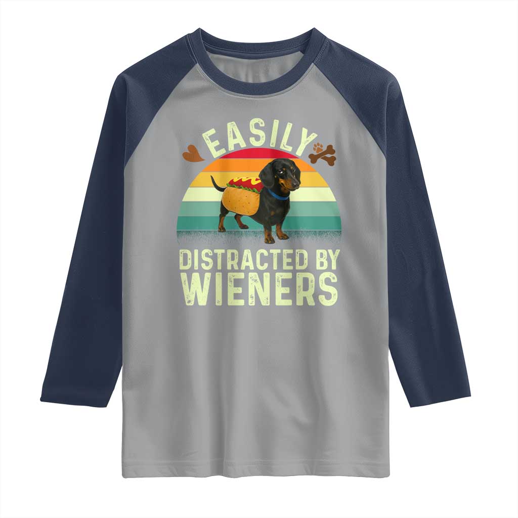 Easily Distracted By Wieners Raglan Shirt Funny Dachshund Dog In A Hot Dog Costume TS12 Sport Gray Navy Print Your Wear