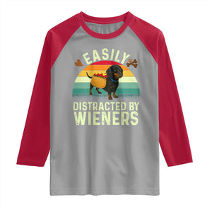 Easily Distracted By Wieners Raglan Shirt Funny Dachshund Dog In A Hot Dog Costume - Print Your Wear