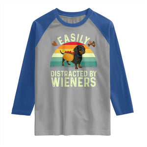 Easily Distracted By Wieners Raglan Shirt Funny Dachshund Dog In A Hot Dog Costume - Print Your Wear