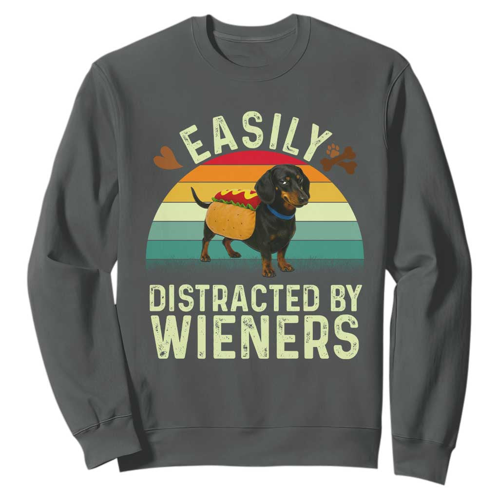 Easily Distracted By Wieners Sweatshirt Funny Dachshund Dog In A Hot Dog Costume TS12 Dark Heather Print Your Wear