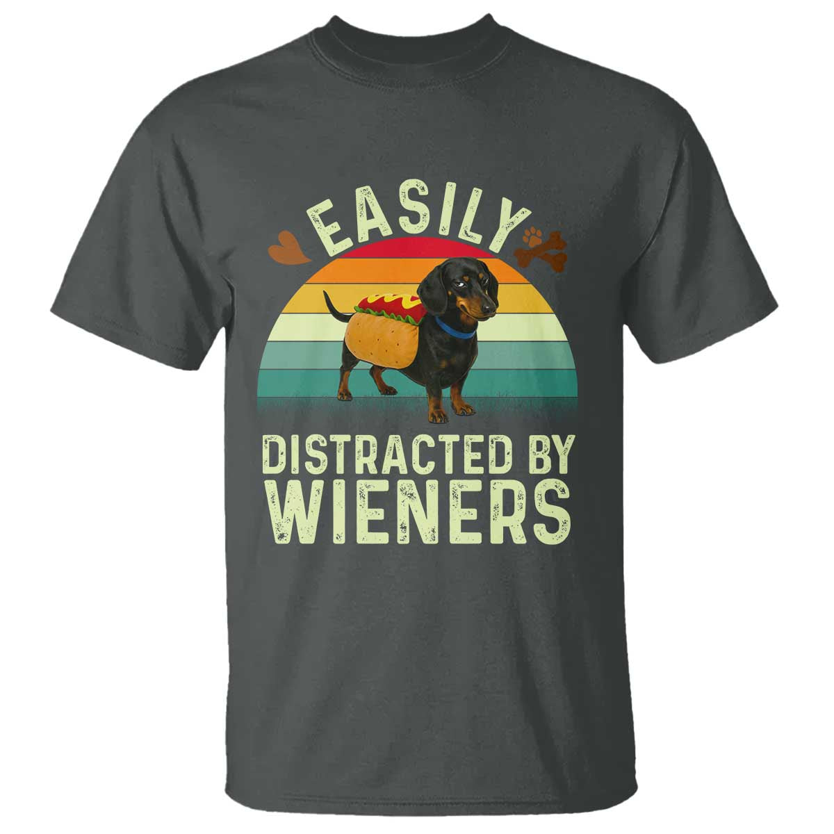 Easily Distracted By Wieners T Shirt Funny Dachshund Dog In A Hot Dog Costume TS12 Dark Heather Print Your Wear