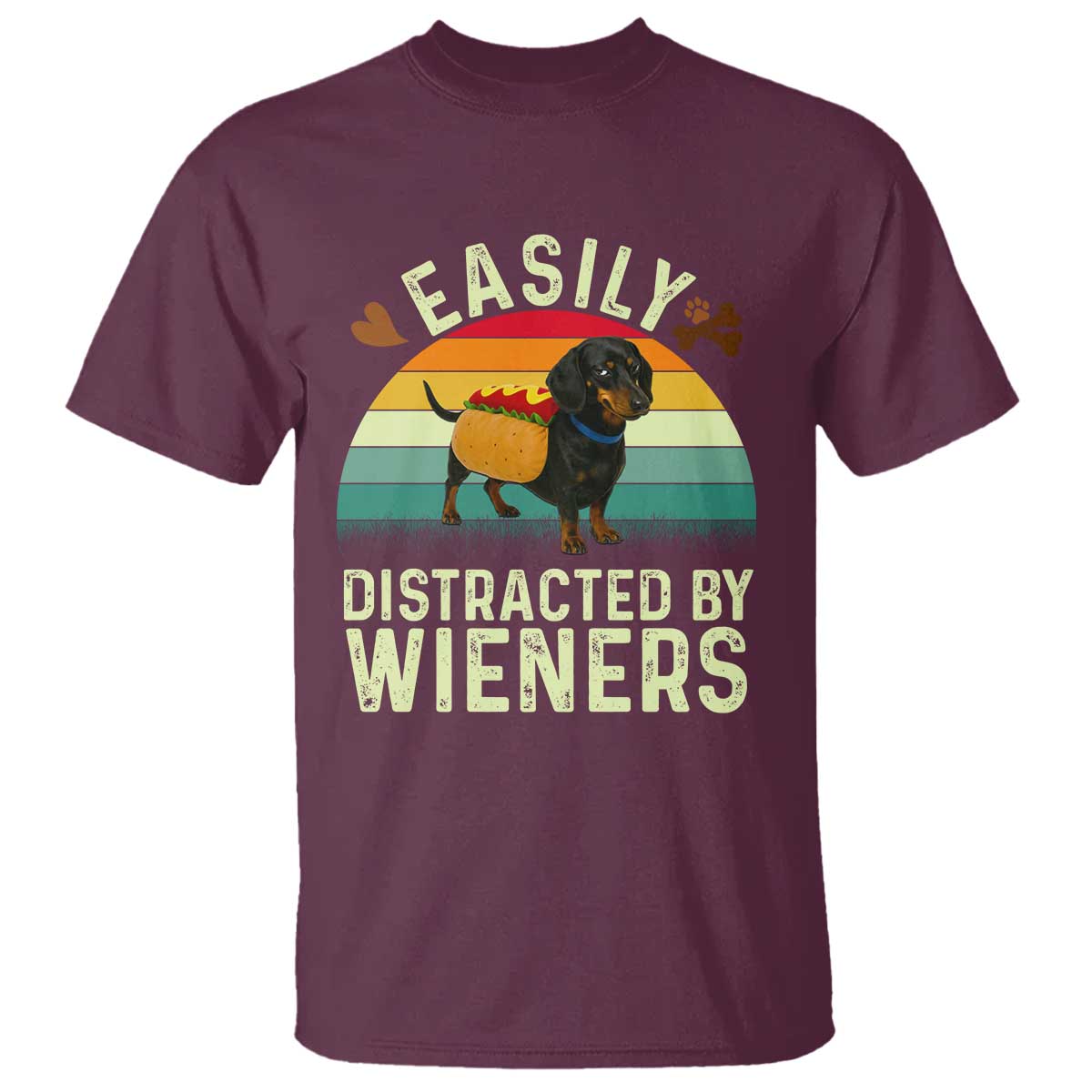 Easily Distracted By Wieners T Shirt Funny Dachshund Dog In A Hot Dog Costume TS12 Maroon Print Your Wear