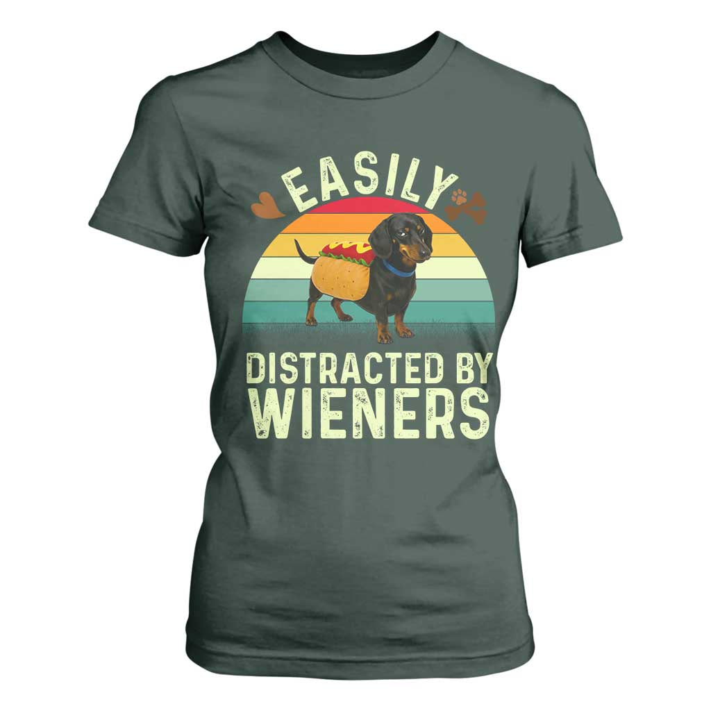 Easily Distracted By Wieners T Shirt For Women Funny Dachshund Dog In A Hot Dog Costume TS12 Dark Forest Green Print Your Wear