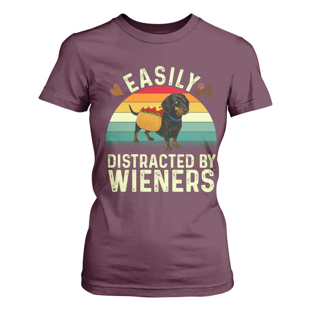 Easily Distracted By Wieners T Shirt For Women Funny Dachshund Dog In A Hot Dog Costume TS12 Maroon Print Your Wear
