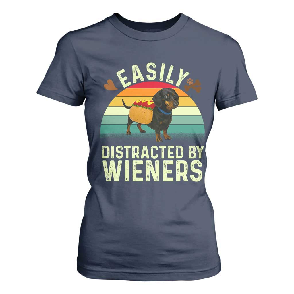 Easily Distracted By Wieners T Shirt For Women Funny Dachshund Dog In A Hot Dog Costume TS12 Navy Print Your Wear