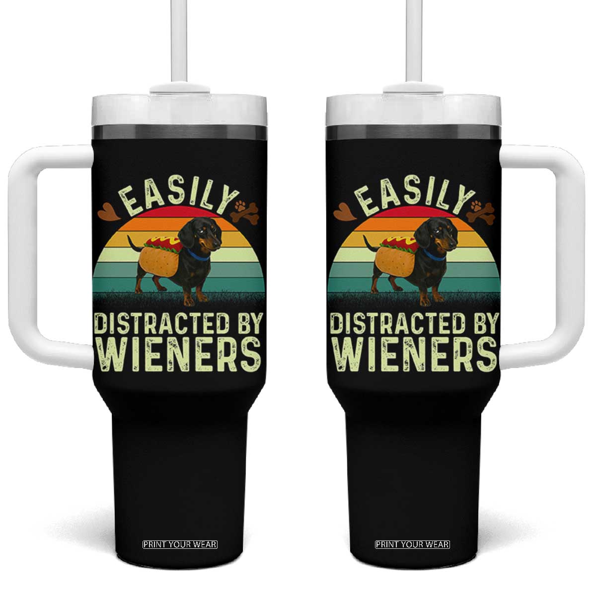 Easily Distracted By Wieners Tumbler With Handle Funny Dachshund Dog In A Hot Dog Costume TS12 One Size: 40 oz Black Print Your Wear