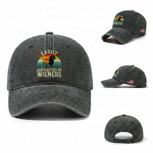 Easily Distracted By Wieners Washed Cotton Baseball Cap Funny Dachshund Dog In A Hot Dog Costume TS12 Washed Cap Universal Fit Dark Green Print Your Wear