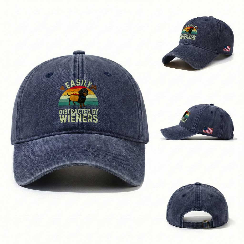 Easily Distracted By Wieners Washed Cotton Baseball Cap Funny Dachshund Dog In A Hot Dog Costume TS12 Washed Cap Universal Fit Navy Print Your Wear