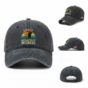 Easily Distracted By Wieners Washed Cotton Baseball Cap Funny Dachshund Dog In A Hot Dog Costume TS12 Washed Cap Universal Fit Dark Gray Print Your Wear