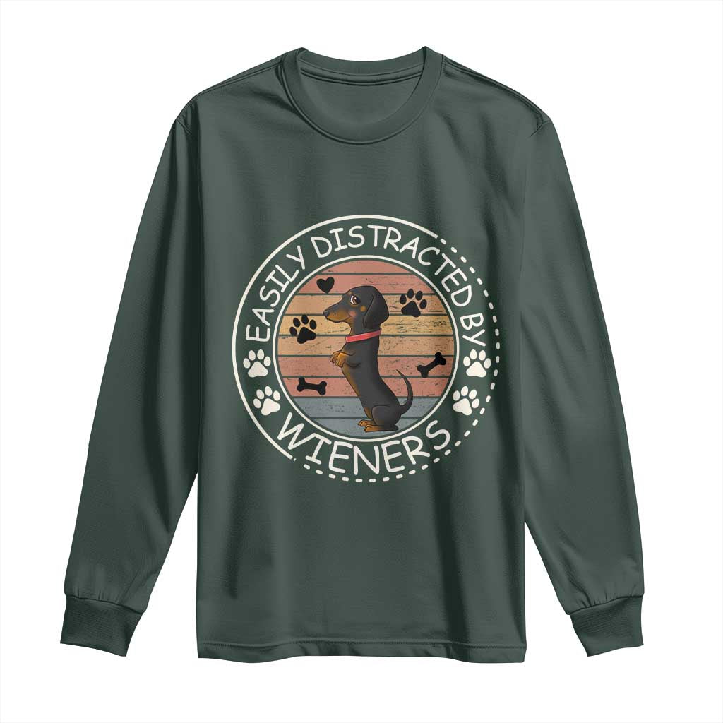 Easily Distracted By Wieners Long Sleeve Shirt Dachshund Dog Lover Retro Sunset TS12 Dark Forest Green Print Your Wear