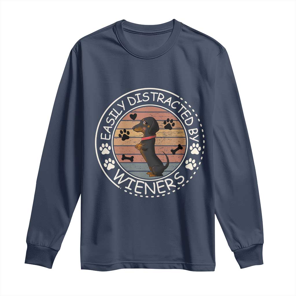 Easily Distracted By Wieners Long Sleeve Shirt Dachshund Dog Lover Retro Sunset TS12 Navy Print Your Wear