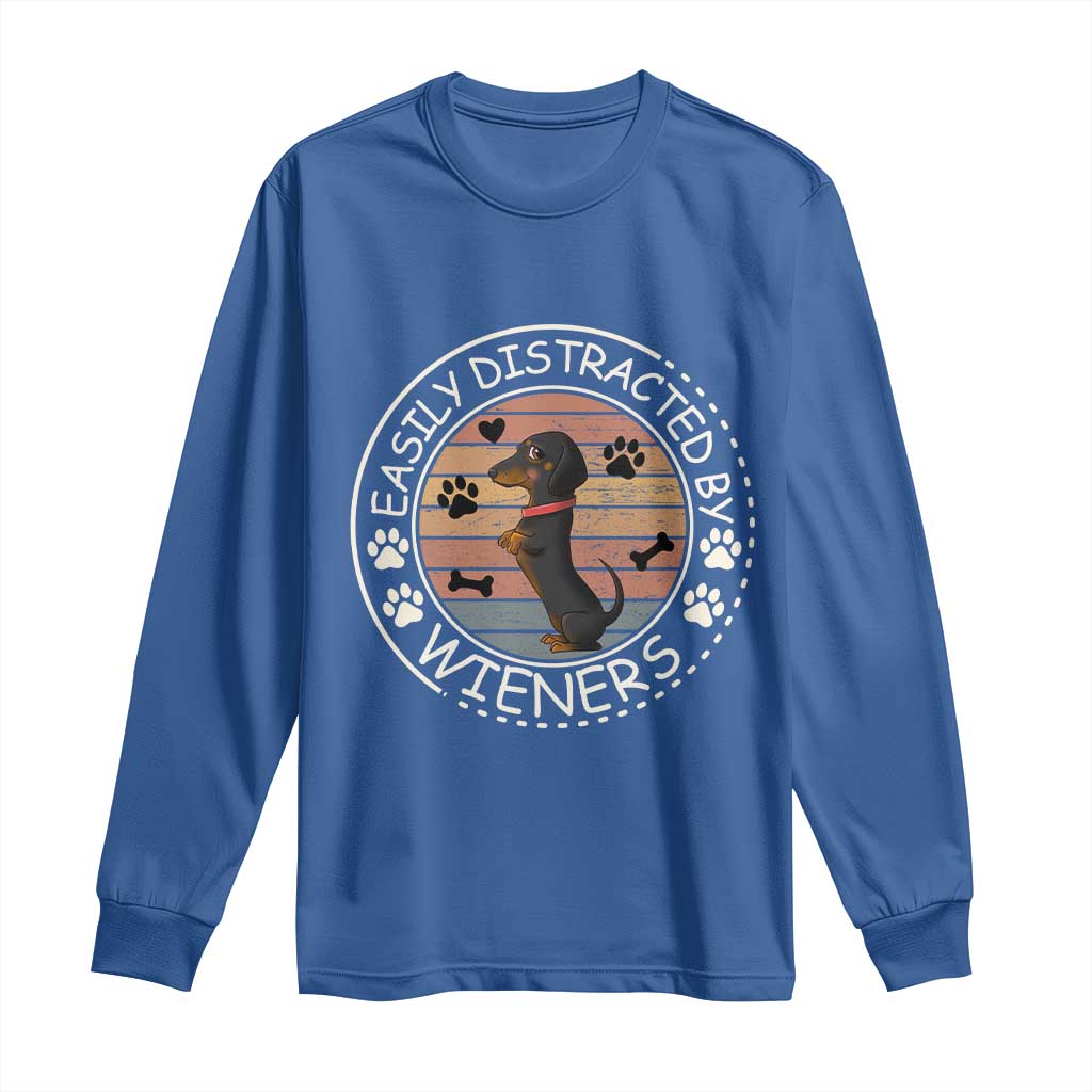 Easily Distracted By Wieners Long Sleeve Shirt Dachshund Dog Lover Retro Sunset TS12 Royal Blue Print Your Wear