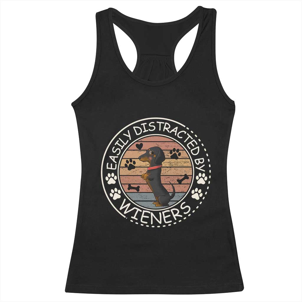 Easily Distracted By Wieners Racerback Tank Top Dachshund Dog Lover Retro Sunset - Print Your Wear