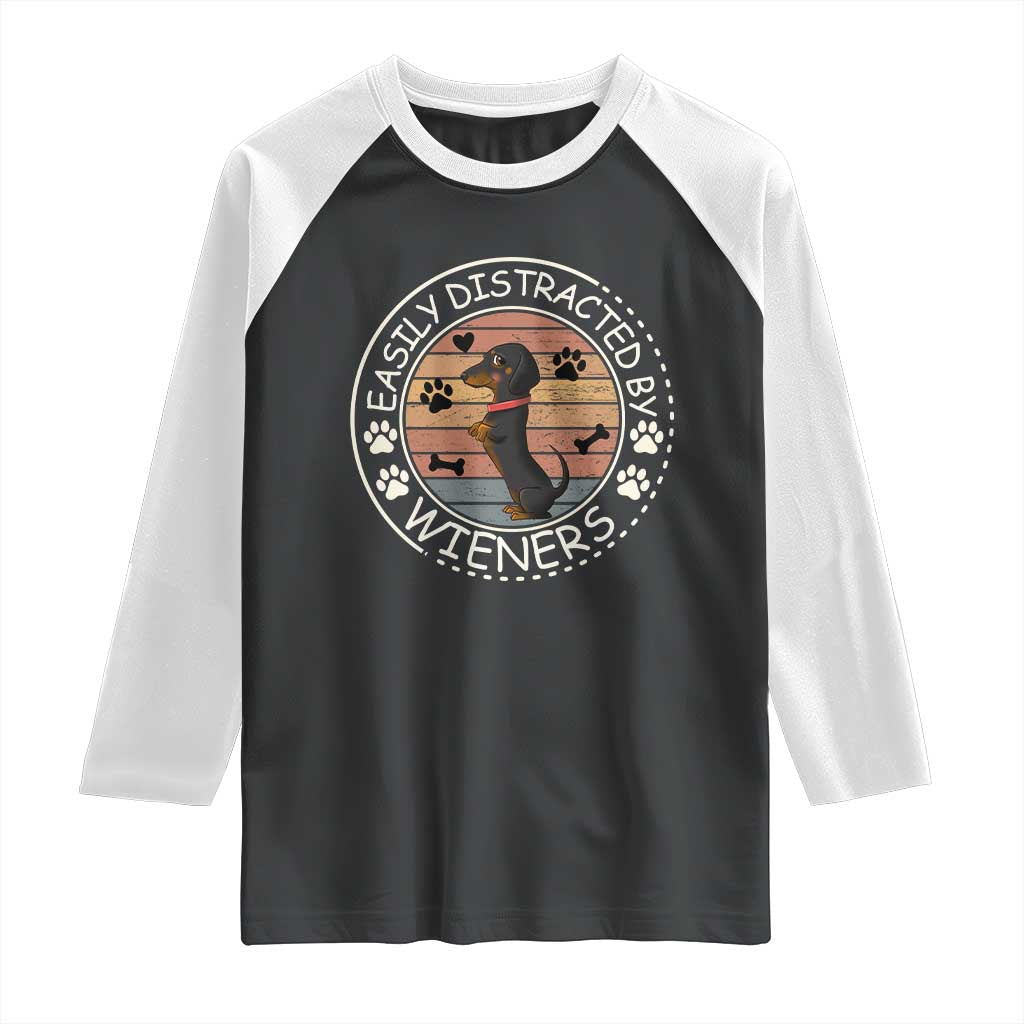 Easily Distracted By Wieners Raglan Shirt Dachshund Dog Lover Retro Sunset - Print Your Wear