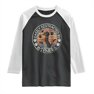 Easily Distracted By Wieners Raglan Shirt Dachshund Dog Lover Retro Sunset - Print Your Wear