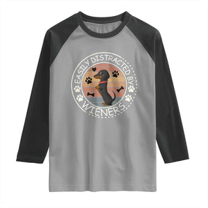 Easily Distracted By Wieners Raglan Shirt Dachshund Dog Lover Retro Sunset - Print Your Wear
