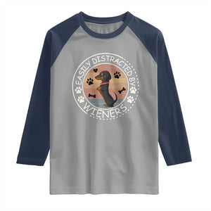 Easily Distracted By Wieners Raglan Shirt Dachshund Dog Lover Retro Sunset - Print Your Wear