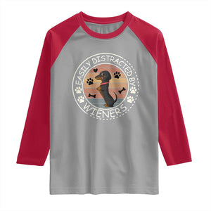 Easily Distracted By Wieners Raglan Shirt Dachshund Dog Lover Retro Sunset - Print Your Wear