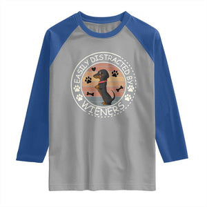 Easily Distracted By Wieners Raglan Shirt Dachshund Dog Lover Retro Sunset - Print Your Wear