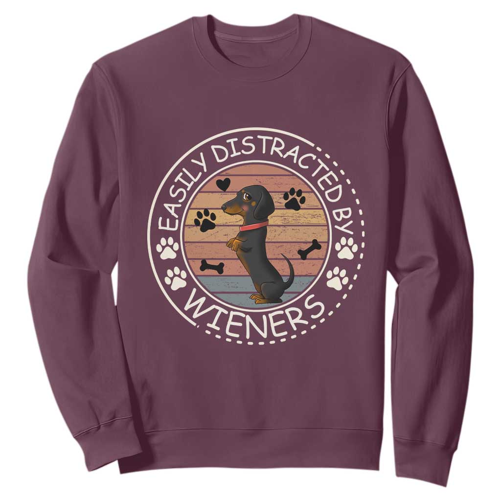 Easily Distracted By Wieners Sweatshirt Dachshund Dog Lover Retro Sunset TS12 Maroon Print Your Wear