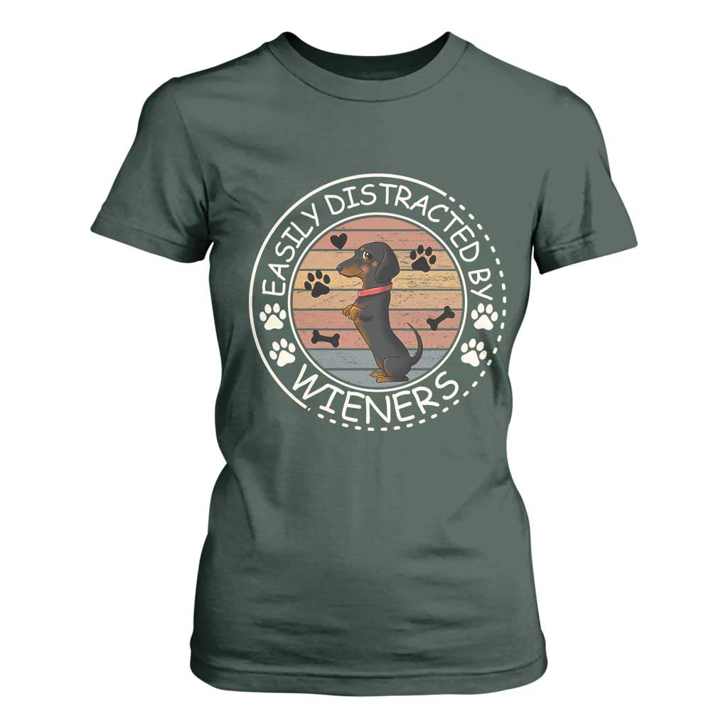 Easily Distracted By Wieners T Shirt For Women Dachshund Dog Lover Retro Sunset TS12 Dark Forest Green Print Your Wear