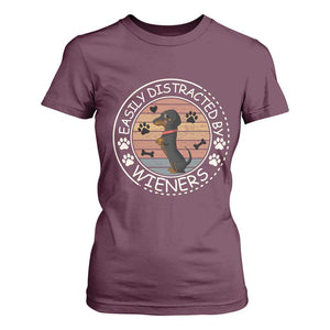 Easily Distracted By Wieners T Shirt For Women Dachshund Dog Lover Retro Sunset TS12 Maroon Print Your Wear