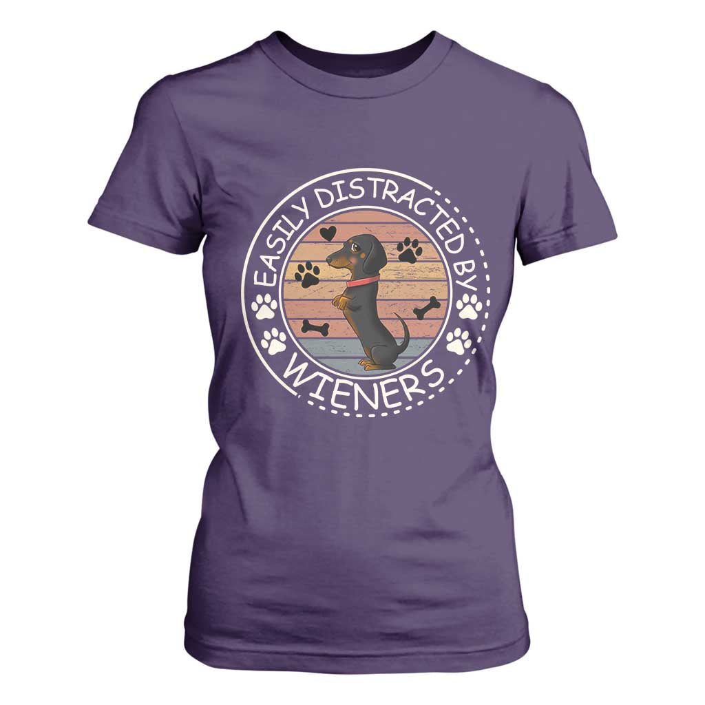 Easily Distracted By Wieners T Shirt For Women Dachshund Dog Lover Retro Sunset TS12 Purple Print Your Wear