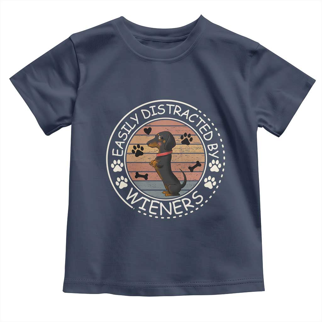 Easily Distracted By Wieners Toddler T Shirt Dachshund Dog Lover Retro Sunset TS12 Navy Print Your Wear