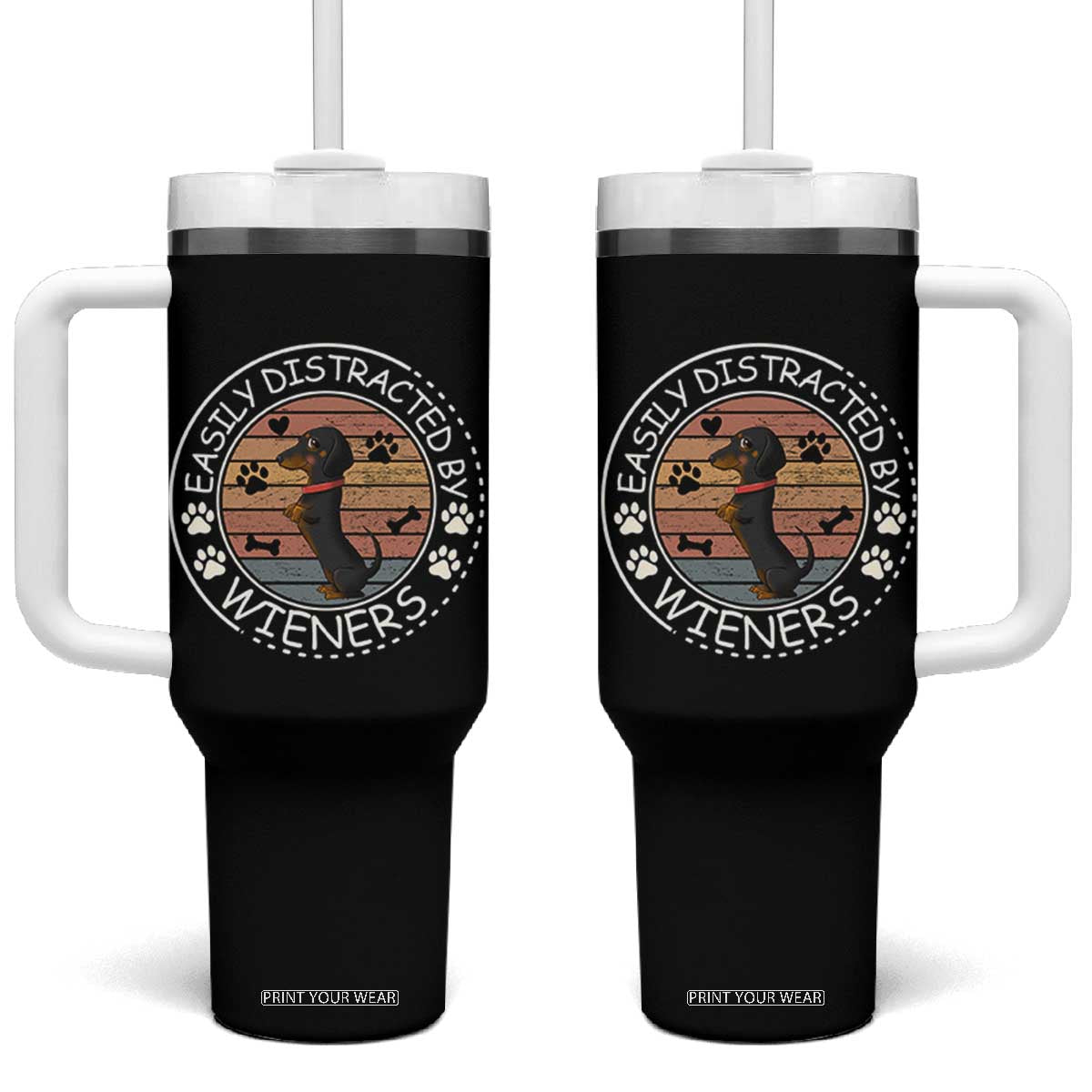 Easily Distracted By Wieners Tumbler With Handle Dachshund Dog Lover Retro Sunset TS12 One Size: 40 oz Black Print Your Wear