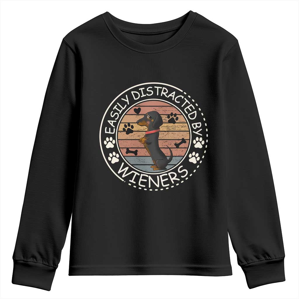 Easily Distracted By Wieners Youth Sweatshirt Dachshund Dog Lover Retro Sunset TS12 Black Print Your Wear