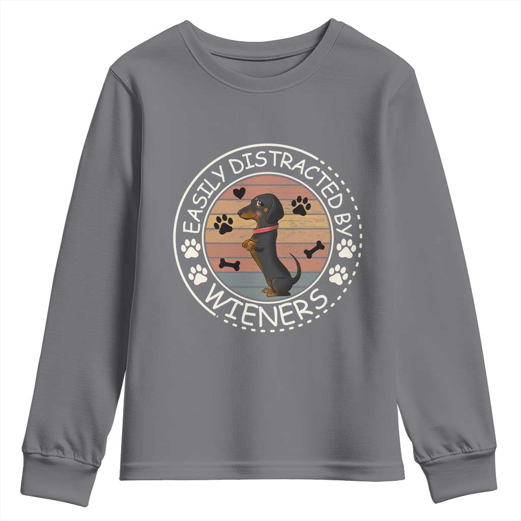 Easily Distracted By Wieners Youth Sweatshirt Dachshund Dog Lover Retro Sunset TS12 Charcoal Print Your Wear