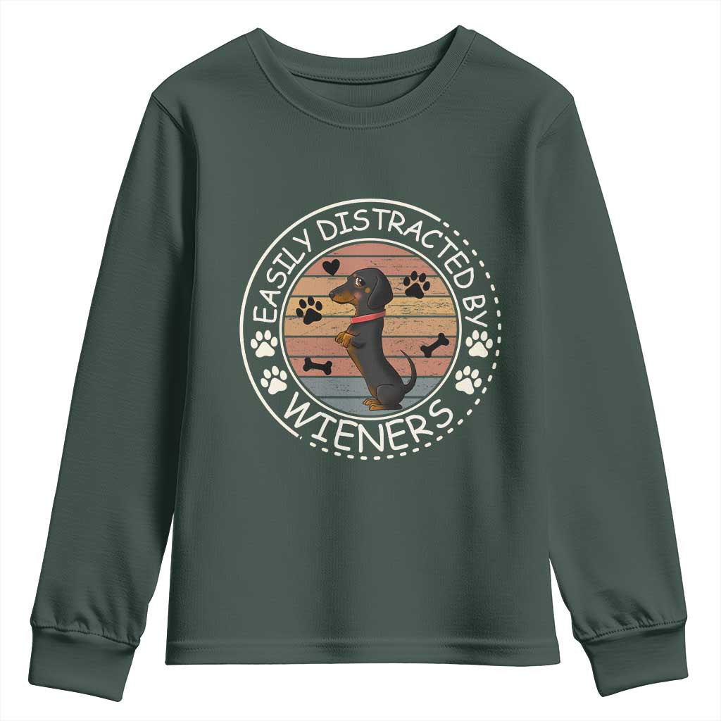 Easily Distracted By Wieners Youth Sweatshirt Dachshund Dog Lover Retro Sunset TS12 Dark Forest Green Print Your Wear