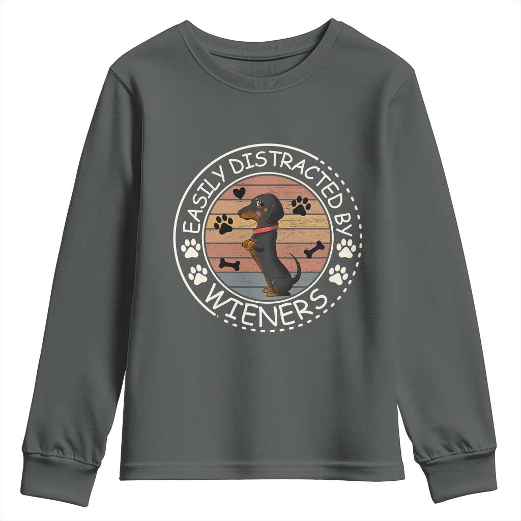 Easily Distracted By Wieners Youth Sweatshirt Dachshund Dog Lover Retro Sunset TS12 Dark Heather Print Your Wear