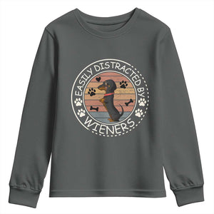 Easily Distracted By Wieners Youth Sweatshirt Dachshund Dog Lover Retro Sunset TS12 Dark Heather Print Your Wear
