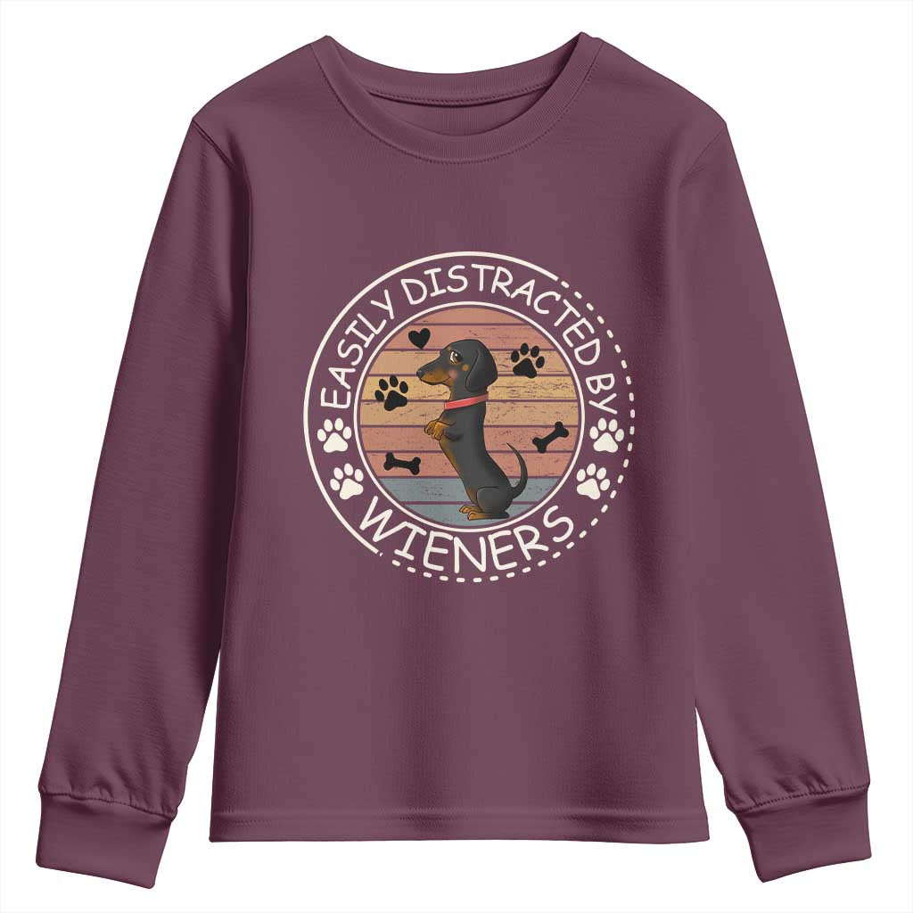 Easily Distracted By Wieners Youth Sweatshirt Dachshund Dog Lover Retro Sunset TS12 Maroon Print Your Wear