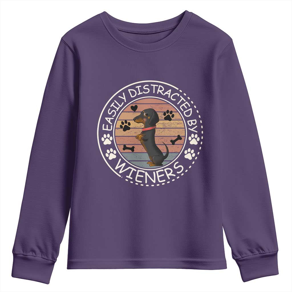Easily Distracted By Wieners Youth Sweatshirt Dachshund Dog Lover Retro Sunset TS12 Purple Print Your Wear