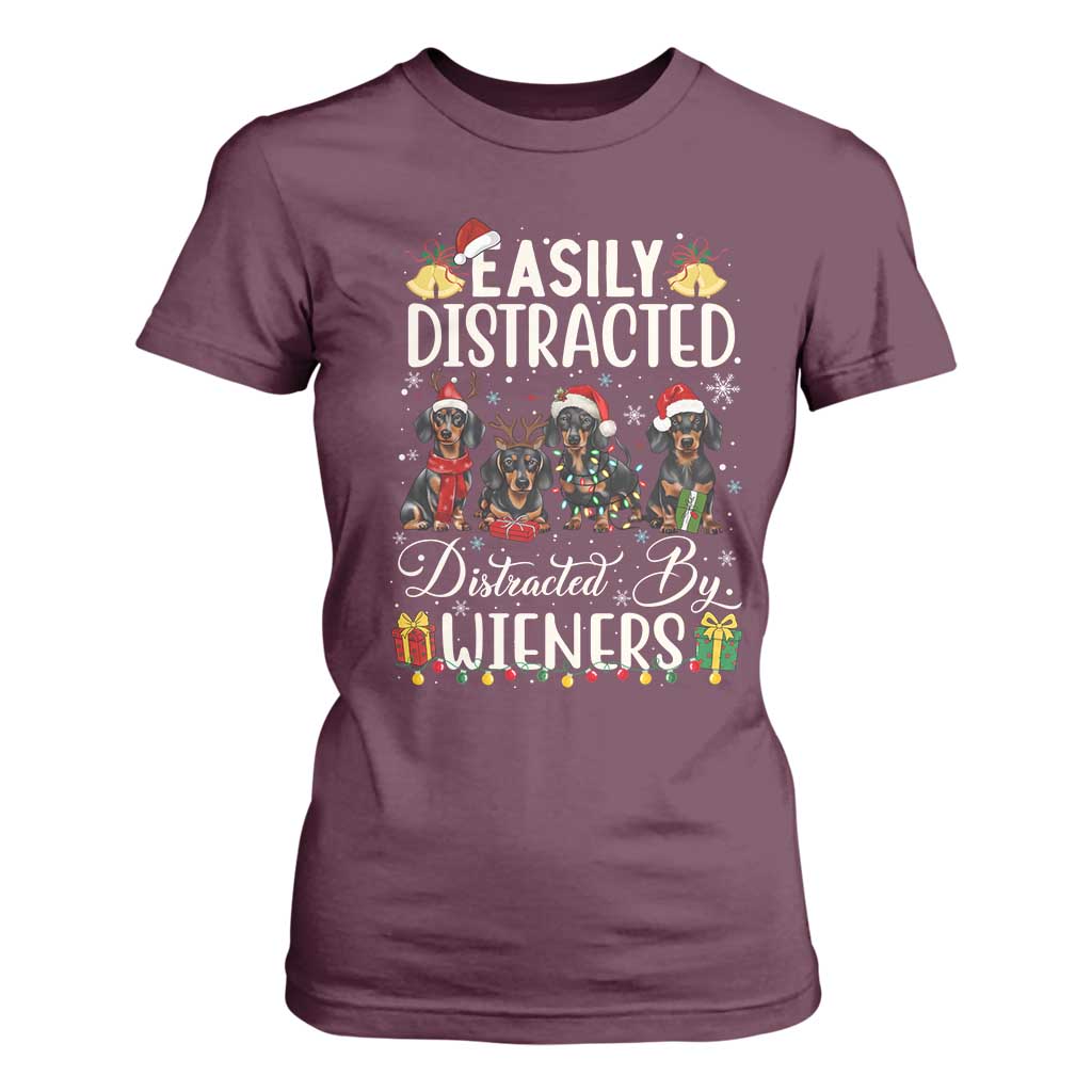 Christmas Dachshund T Shirt For Women Funny Easily Distracted By Wieners TS12 Maroon Print Your Wear