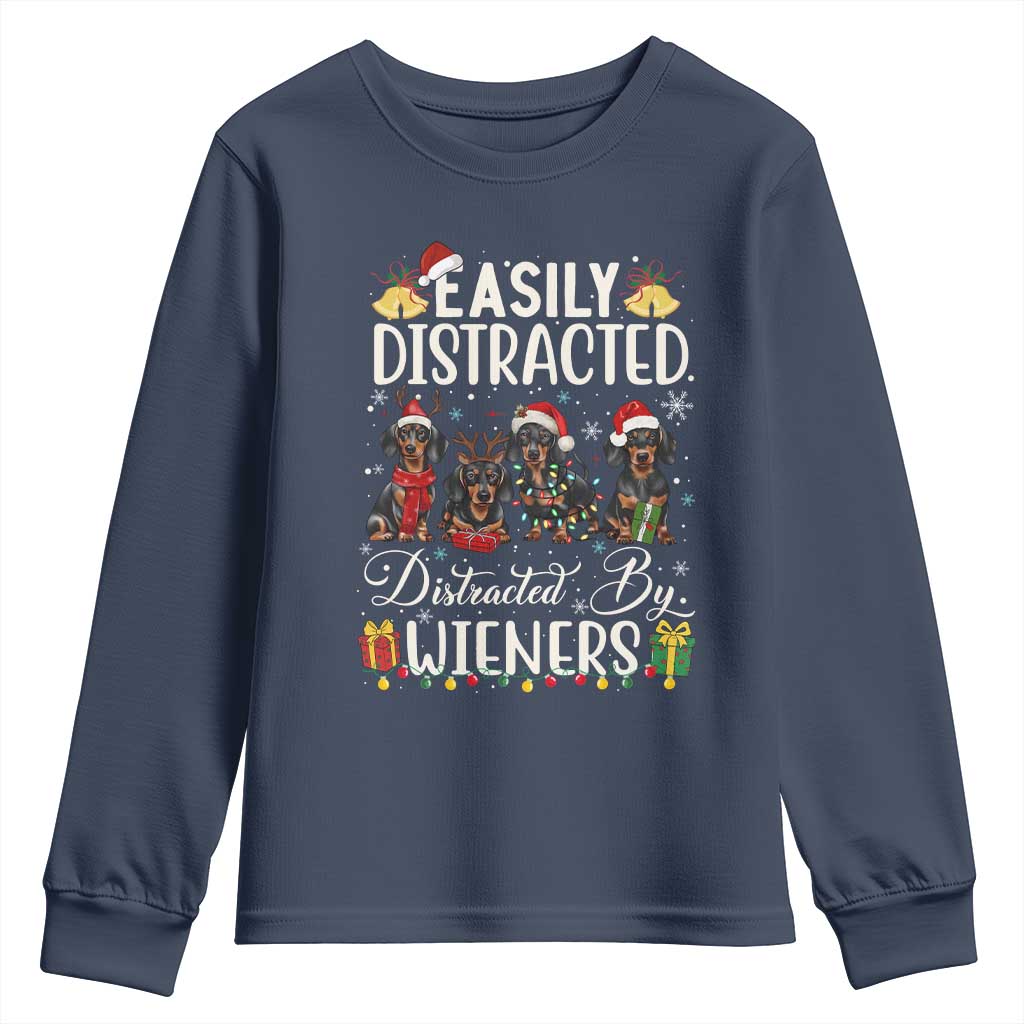 Christmas Dachshund Youth Sweatshirt Funny Easily Distracted By Wieners TS12 Navy Print Your Wear