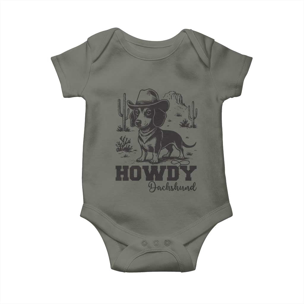 Funny Cowboy Dog Baby Onesie Howdy Dachshund Vintage Western TS12 Military Green Print Your Wear