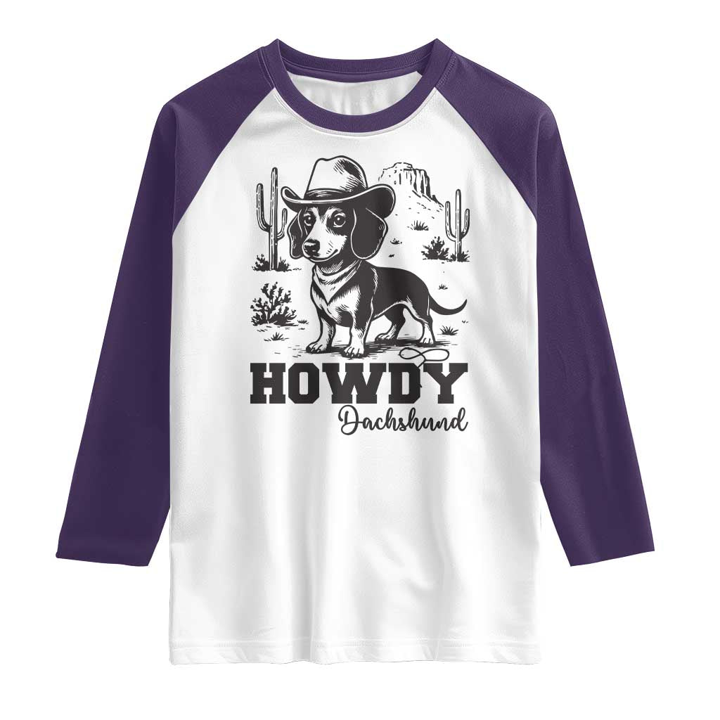 Funny Cowboy Dog Raglan Shirt Howdy Dachshund Vintage Western TS12 White Purple Print Your Wear