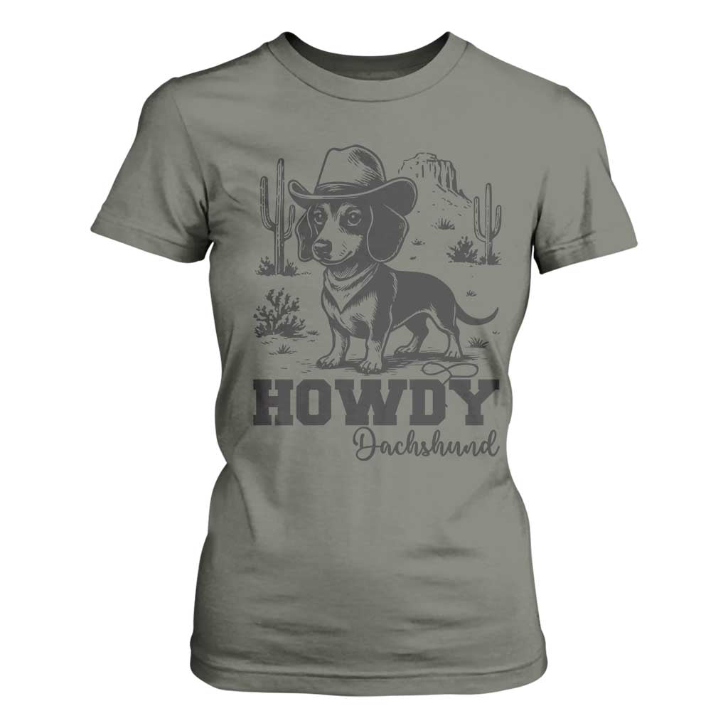 Funny Cowboy Dog T Shirt For Women Howdy Dachshund Vintage Western TS12 Military Green Print Your Wear