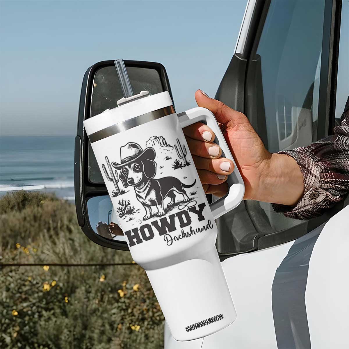 Funny Cowboy Dog Tumbler With Handle Howdy Dachshund Vintage Western TS12 Print Your Wear